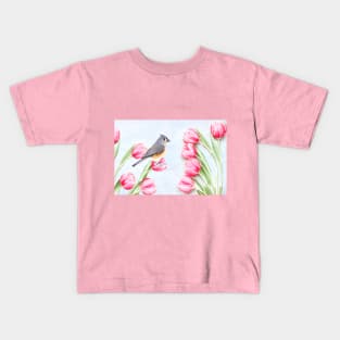 Tufted Titmouse Bird in the Tulip Garden Kids T-Shirt